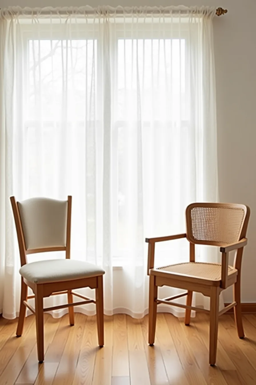 Oak-framed wooden chairs display contrasting seat styles—one with thick linen-covered cushioning and one with natural woven