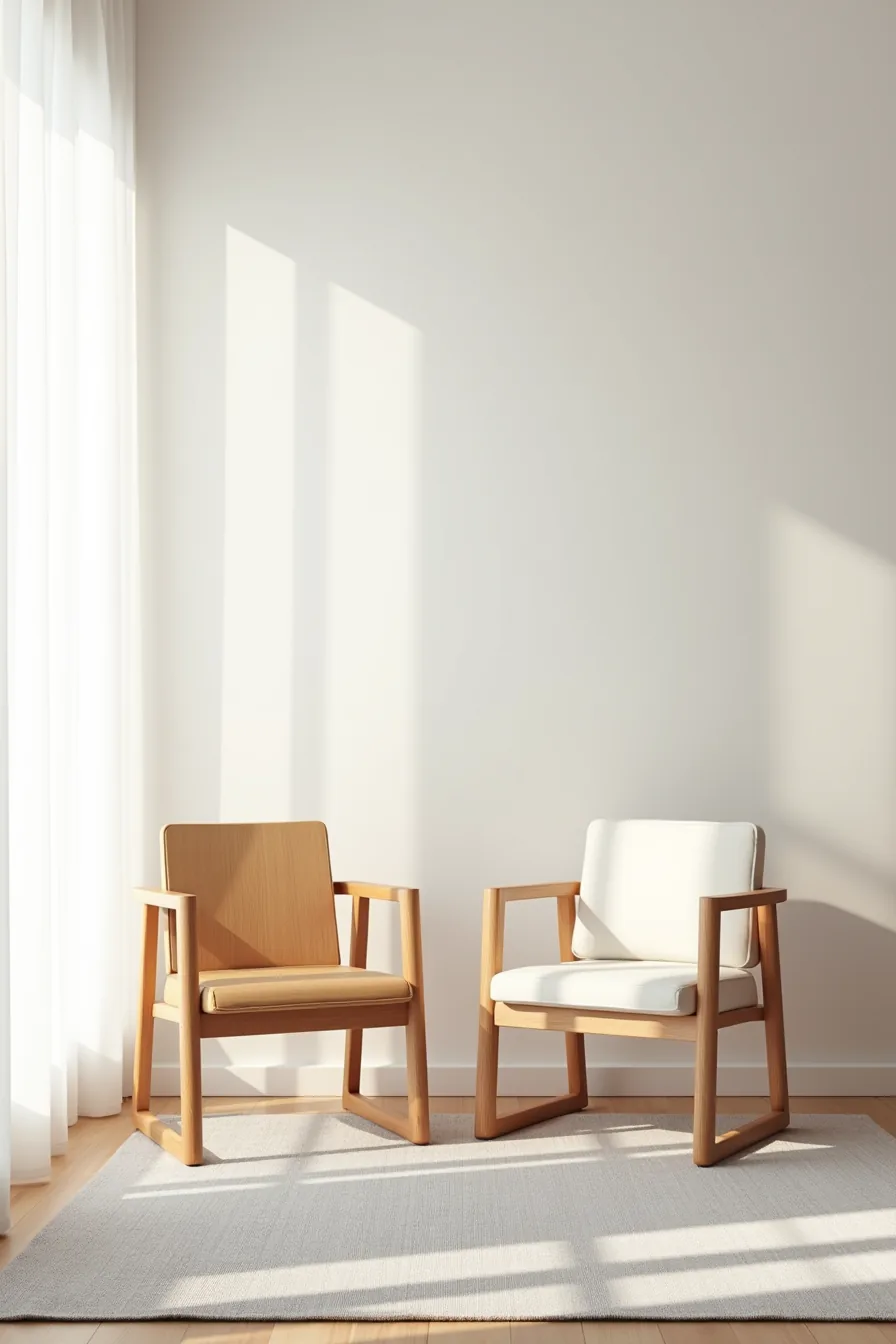 Two matching wooden arm chairs on a gray rug: one with a bare wood seat and one with a cream linen cushion.