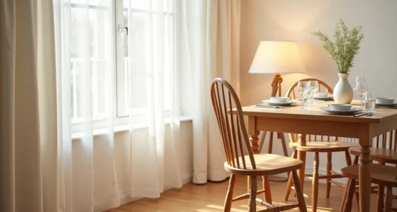 Wooden spindle-back arm chair with turned legs at a two-place dining table on hardwood flooring.