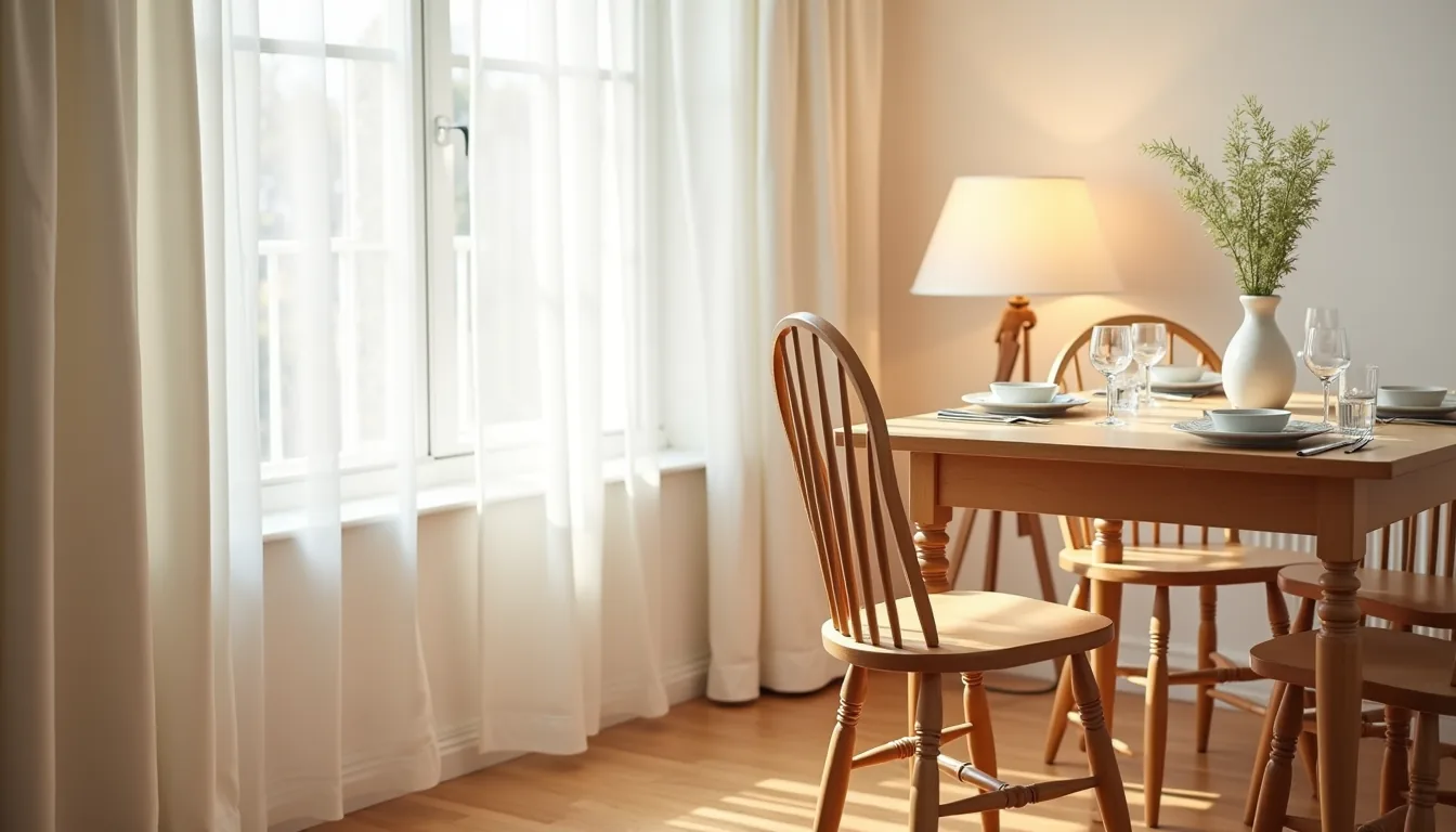 Wooden spindle-back arm chair with turned legs at a two-place dining table on hardwood flooring.