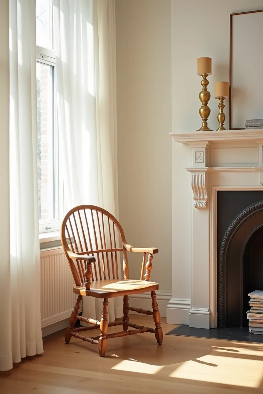 Carved wooden arm chair with spindle back and turned legs in front of a fireplace mantel with candlesticks and artwork.
