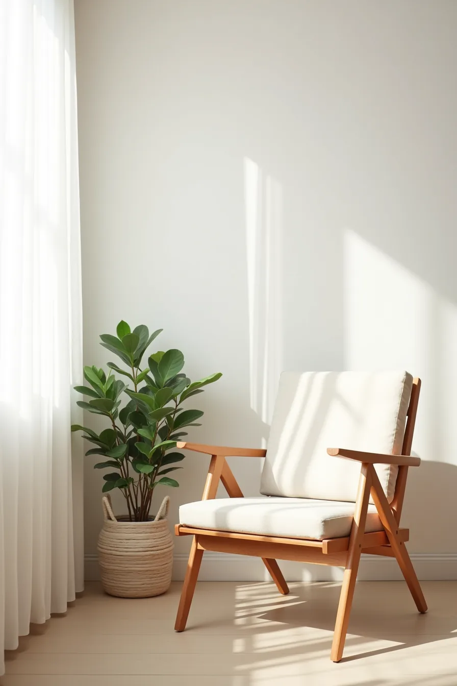 Minimalist wooden arm chair with tapered legs and clean lines against a white wall with a potted plant in the corner.