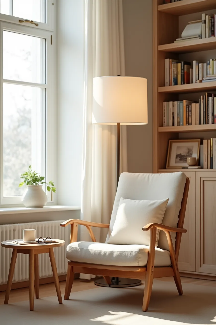 Wooden arm chair with curved armrests in a corner alcove beside a bookshelf, with a side table holding a mug and glasses.