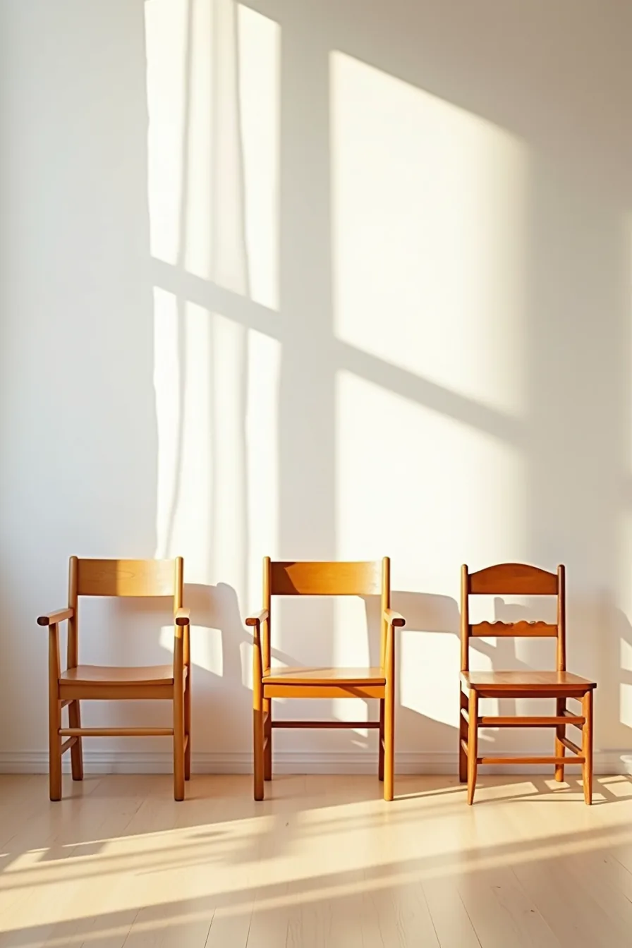 Three wooden arm chairs in a row on light wood flooring: a budget model, a portable no-tool assembly model, and an ornate