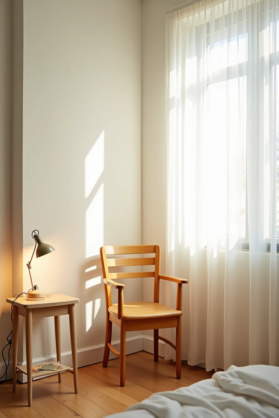 Compact wooden chair with narrow armrests fits snugly in a corner nook beside a side table with a measuring scale visible.