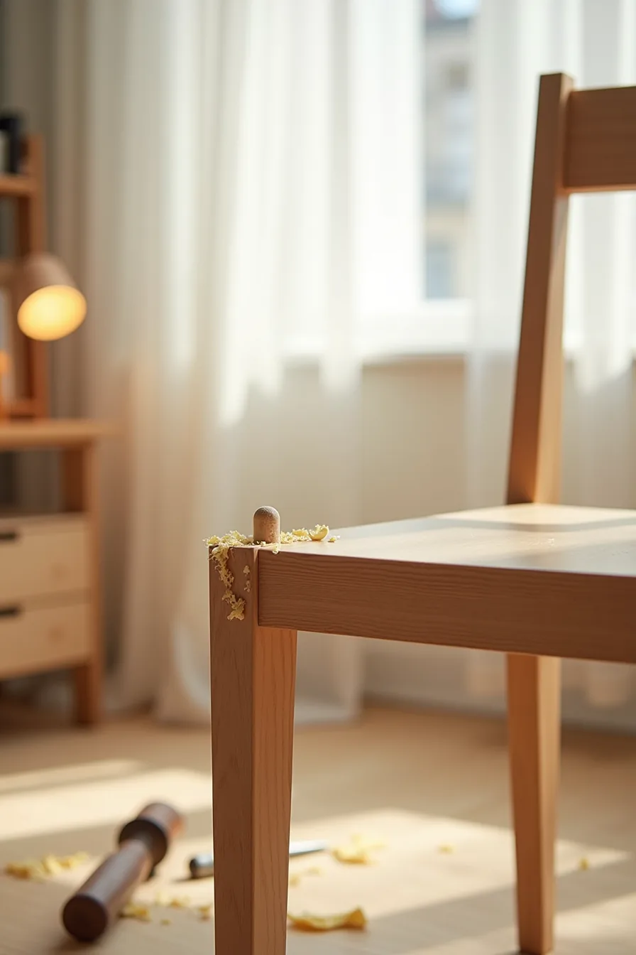 Macro close-up shows dowel pins through a wooden chair seat rail with wood shavings, chisel, and sandpaper on the work