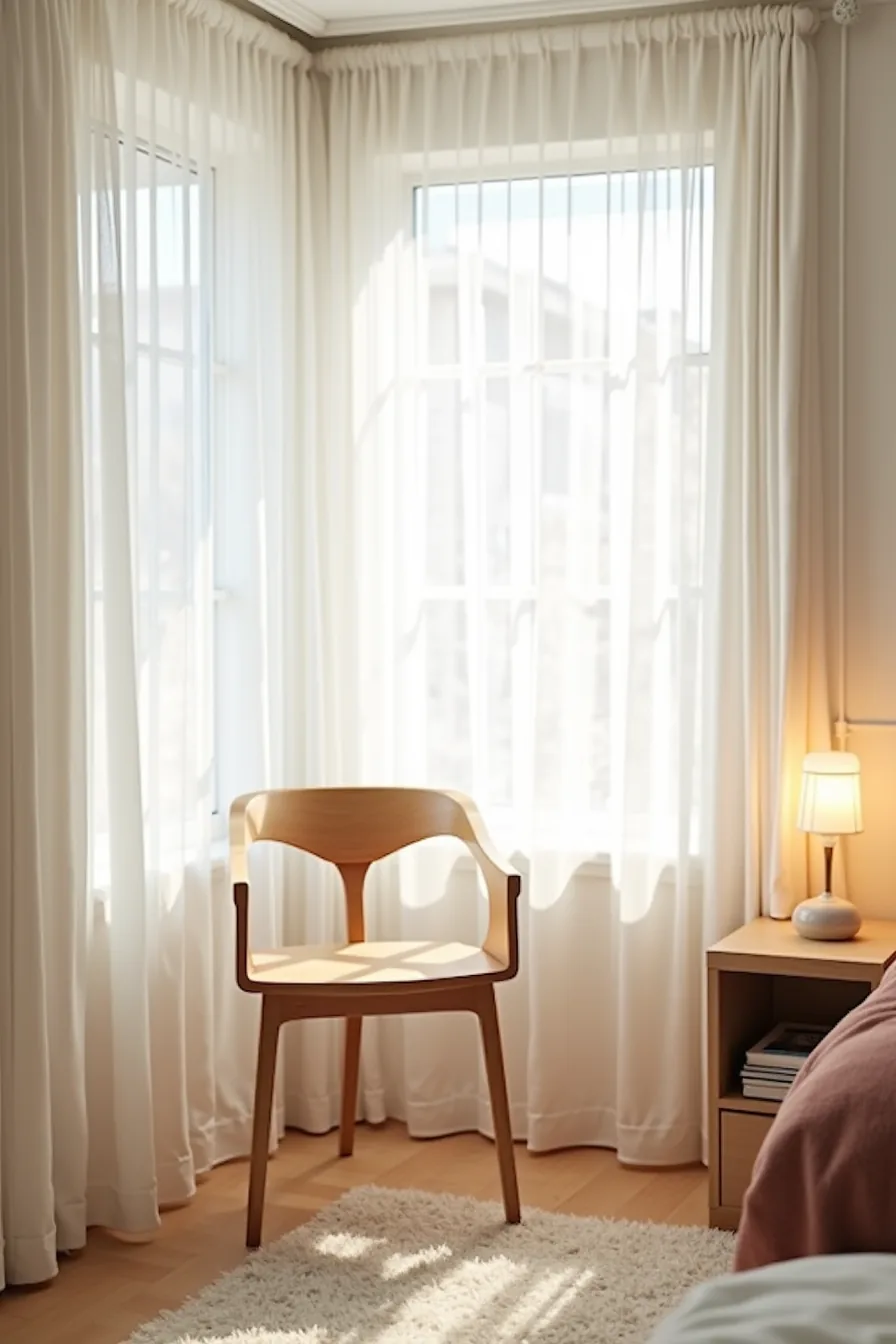 Wooden modern chair and side table arranged in a compact apartment corner, demonstrating efficient space usage.