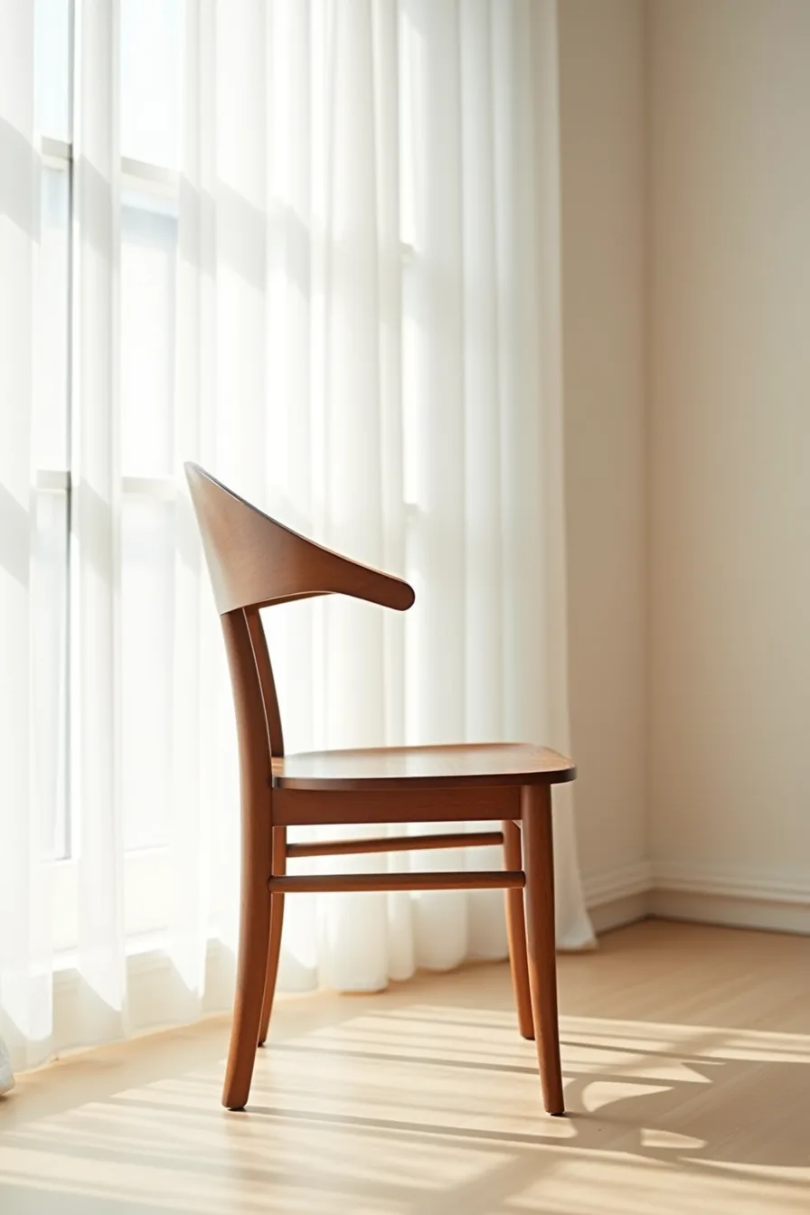 Wooden chair with a curved backrest and seat shown in profile against a plain background.
