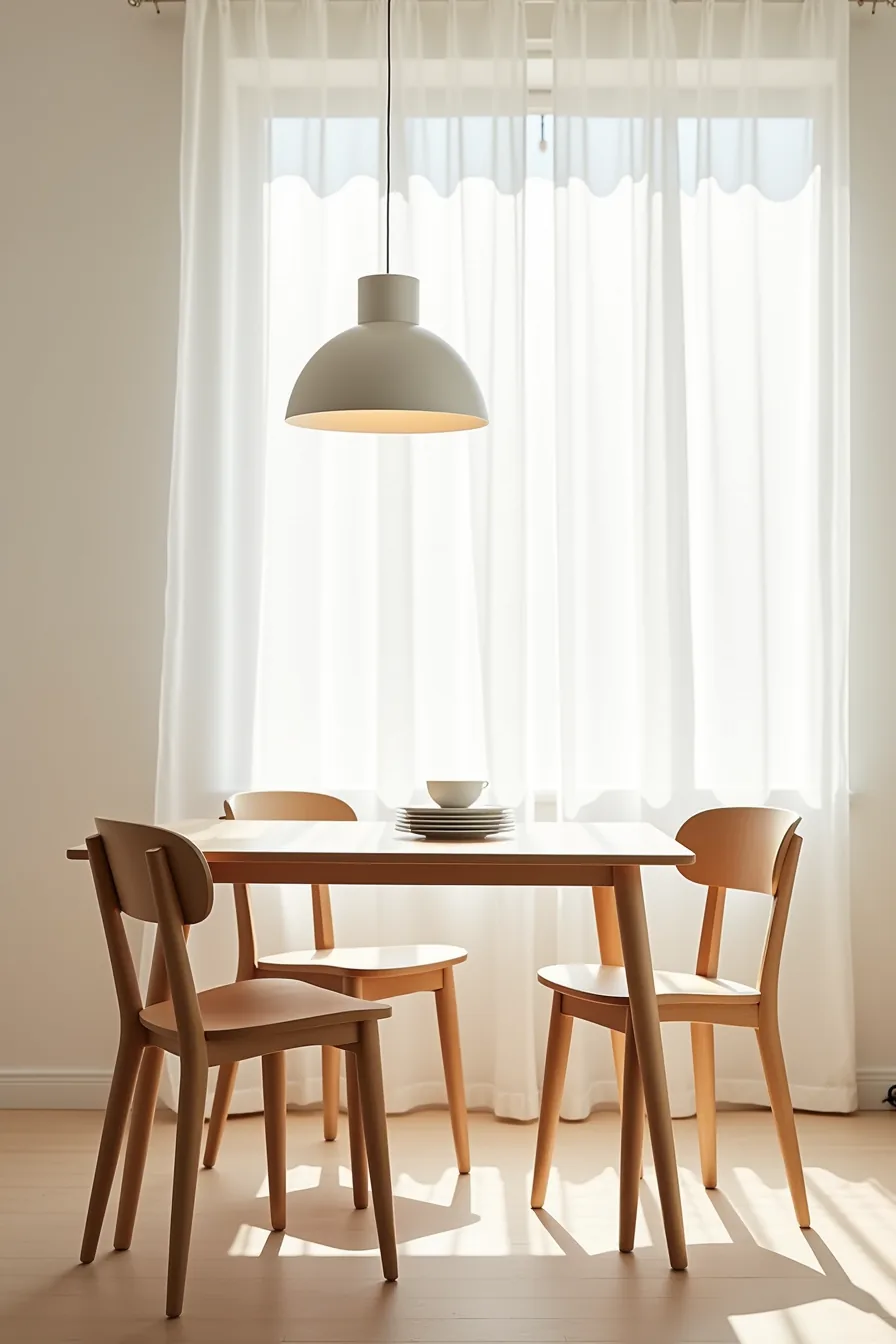 Three light wood dining chairs with tapered legs positioned around a rectangular table with minimal place settings.