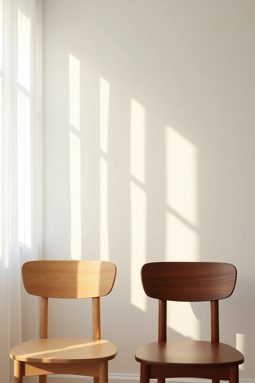 Two wooden chairs displayed side by side showing contrasting matte and stained wood finishes.