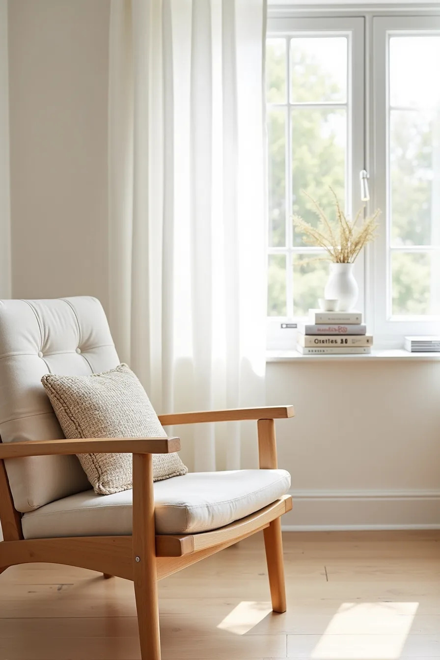 Modern wooden chair with natural frame and neutral upholstered seat, accented with a patterned throw pillow.