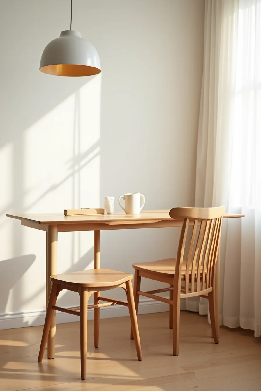 Two wooden dining chairs sit at a table—one featuring a straight vertical-slat back, the other with a curved back design.