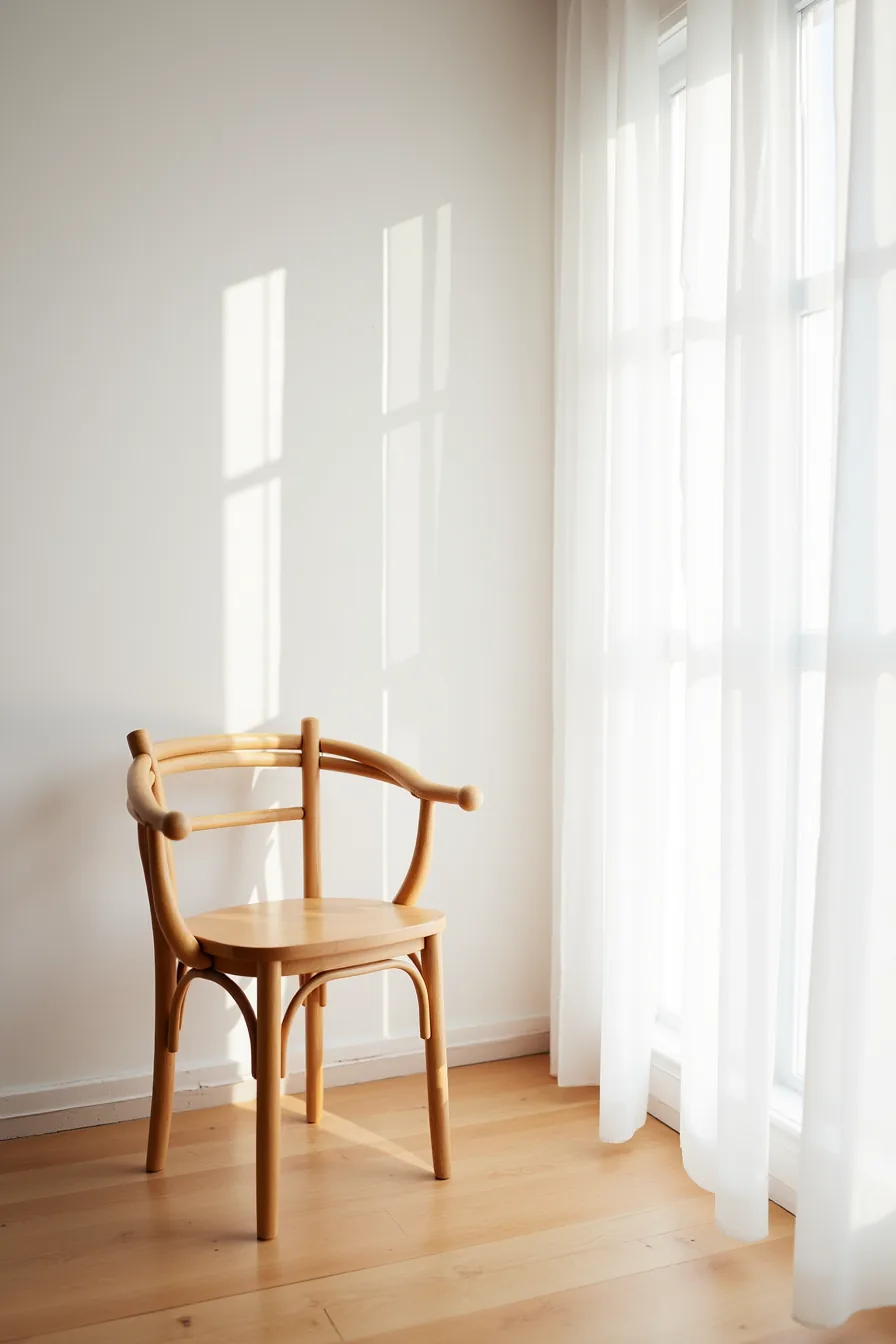 Minimalist wooden chair with tapered legs and open back stands alone in a bright open-plan interior with hardwood flooring.