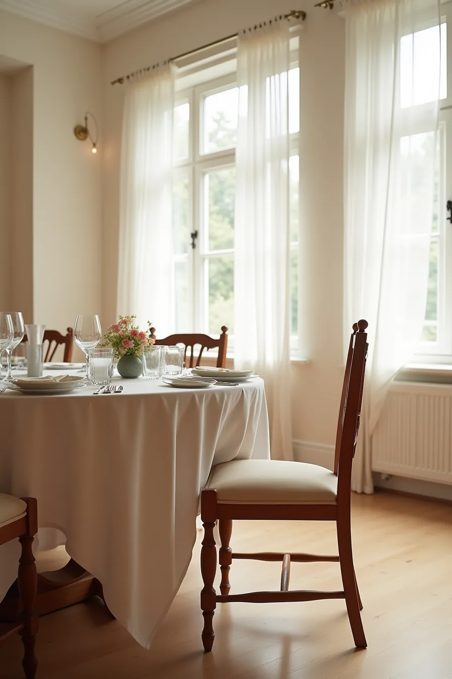 Traditional wooden chair with turned legs and ornamental back splat sits at a formally set dining table.