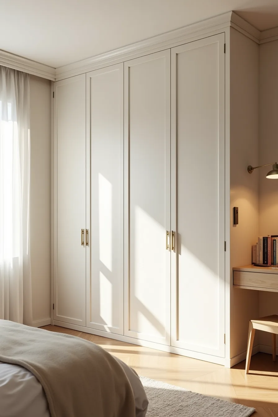 Wall-spanning built-in wardrobe with six closed cabinet doors, edge trim, and visible hardware hinges in a bedroom.