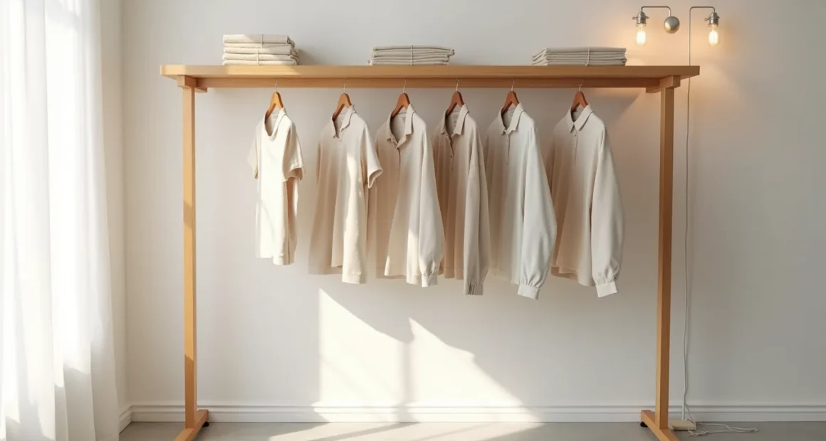 Wooden clothing rail with five hanging garments and a shelf above holding folded textiles on concrete flooring.