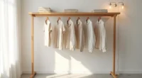 Wooden clothing rail with five hanging garments and a shelf above holding folded textiles on concrete flooring.