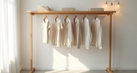 Wooden clothing rail with five hanging garments and a shelf above holding folded textiles on concrete flooring.