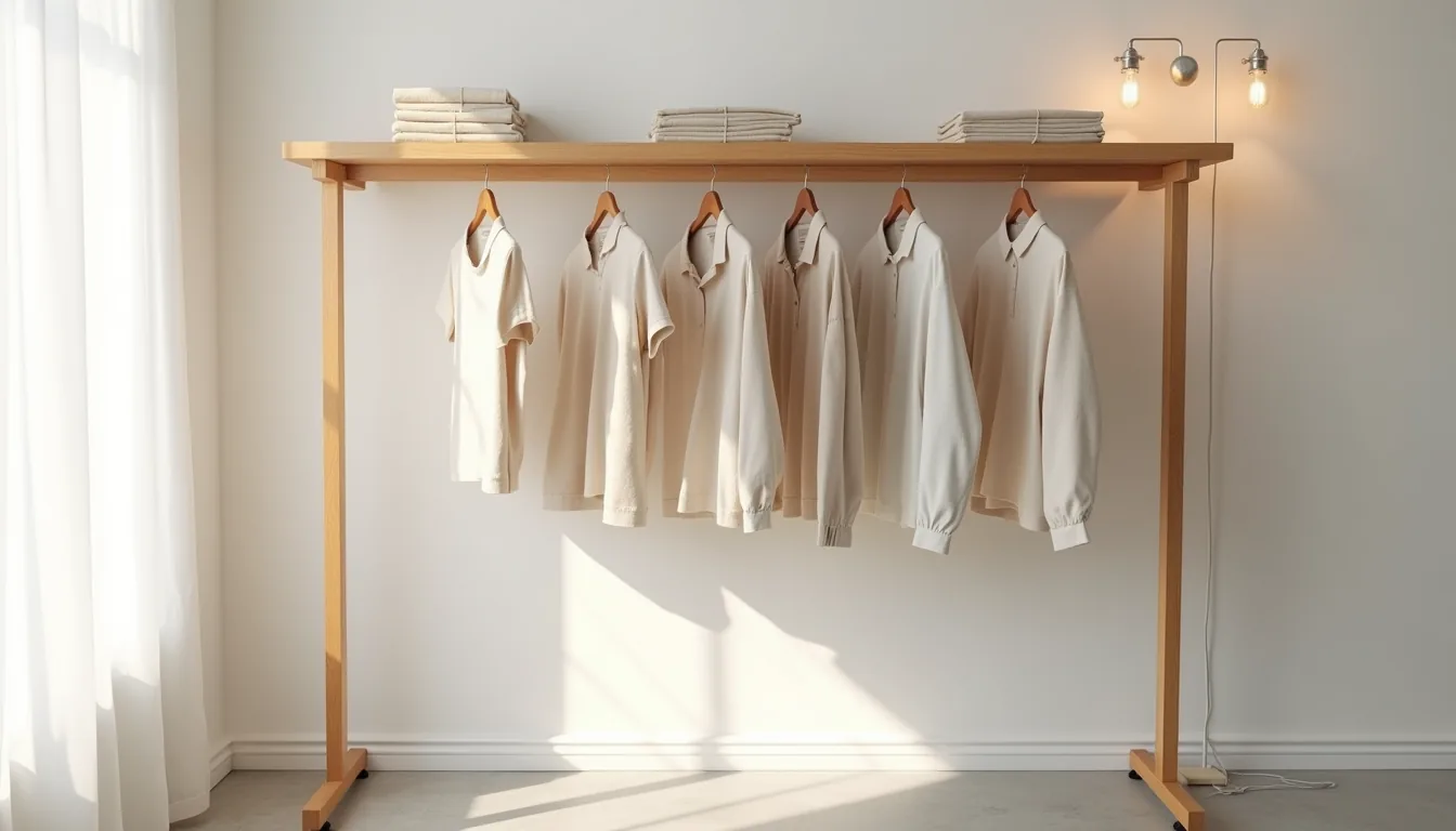 Wooden clothing rail with five hanging garments and a shelf above holding folded textiles on concrete flooring.