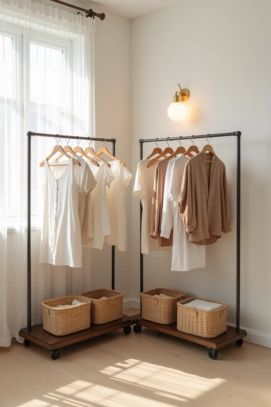 Two metal-framed open rails with wooden bars in a corner, each with woven baskets below and hanging garments on hangers.