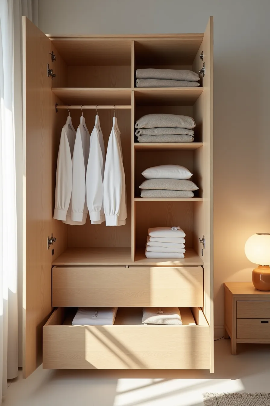 Interior of wooden wardrobe displaying hanging shirts, stacked sweaters and trousers on shelves, and a pull-out drawer with