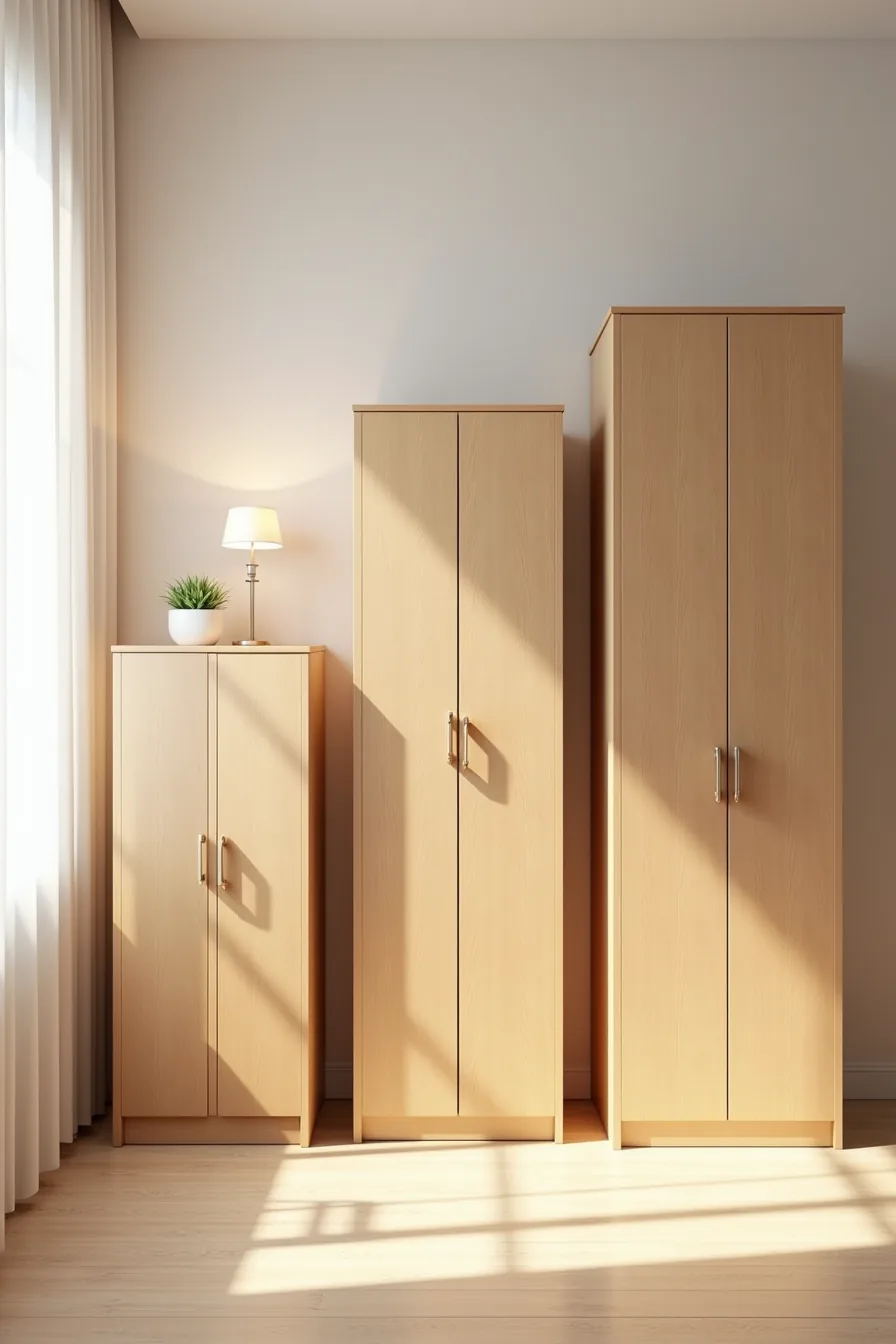 Three wooden wardrobes displayed side-by-side in increasing heights: compact 36-inch, standard 60-inch, and tall 84-inch