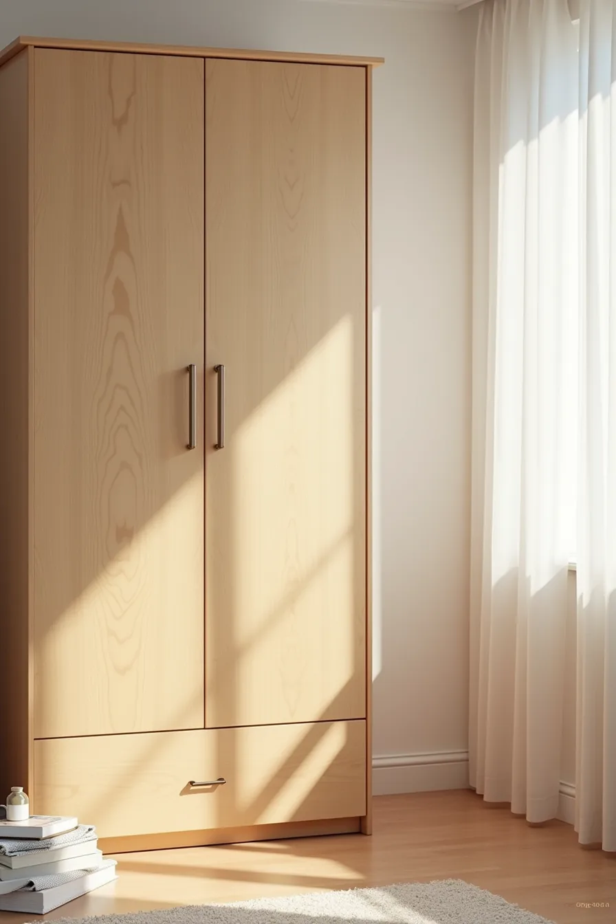 Close-up of three wood finish samples on wardrobe surface—matte natural, satin varnish, and oil-treated—with cloth and