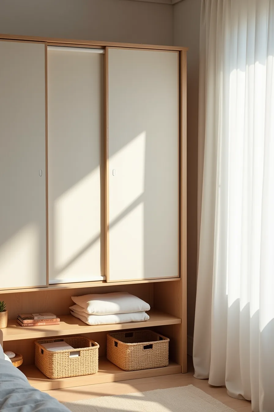 Wooden wardrobe with three natural linen roller doors, rattan baskets below, a storage bag, and adjacent nightstand with