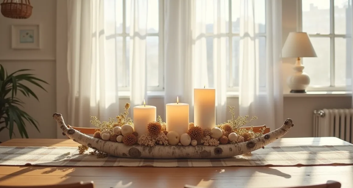 Overhead view of a dining table set with birch logs, dried seed pods, candles, and a plaid runner creating a woodland