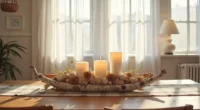 Overhead view of a dining table set with birch logs, dried seed pods, candles, and a plaid runner creating a woodland