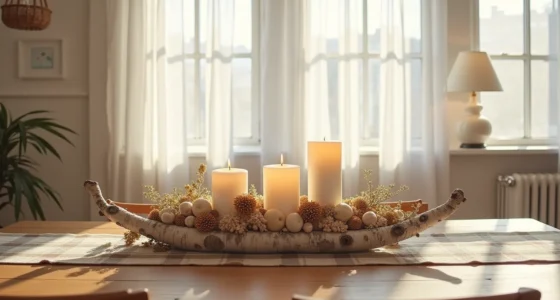 Overhead view of a dining table set with birch logs, dried seed pods, candles, and a plaid runner creating a woodland