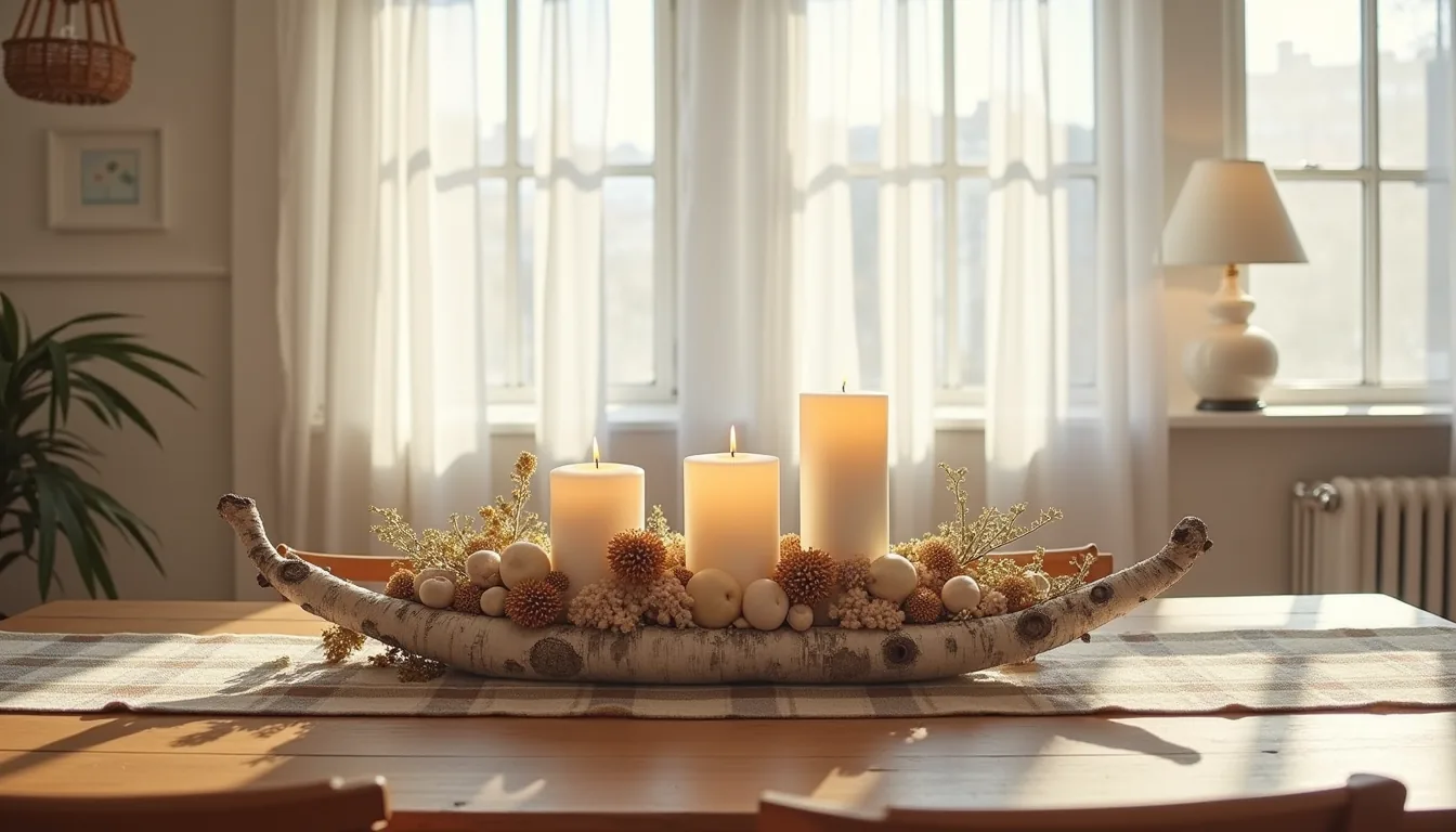 Overhead view of a dining table set with birch logs, dried seed pods, candles, and a plaid runner creating a woodland