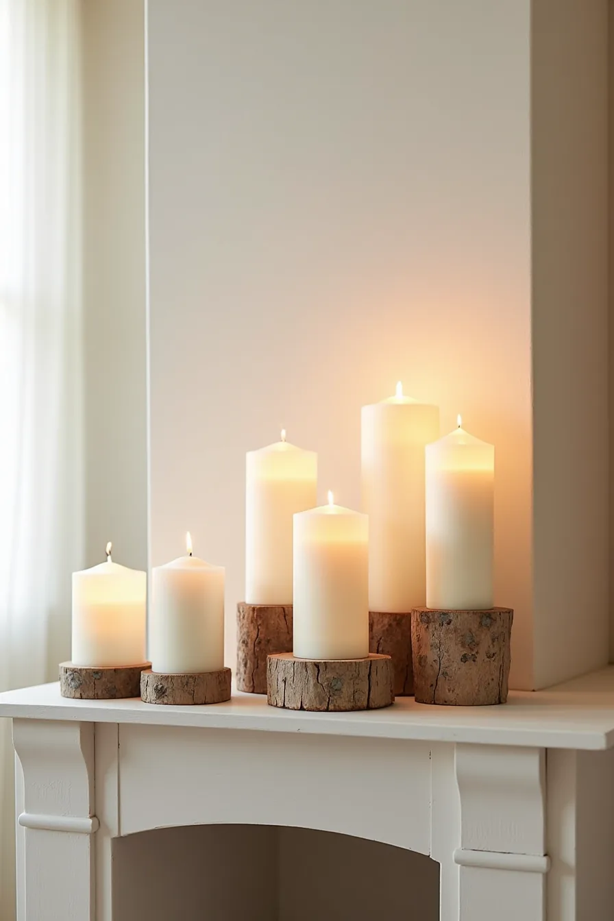 Seven unlit candles in varied holders including wood slices, birch bark cylinders, and stone pedestals arranged on a