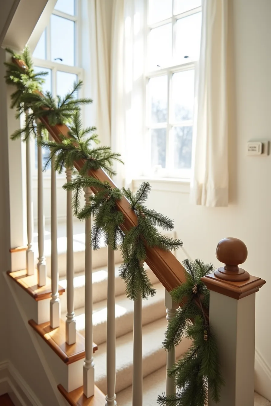 Staircase banister decorated with layered garland of faux evergreen, eucalyptus, dried grasses, and wooden beads