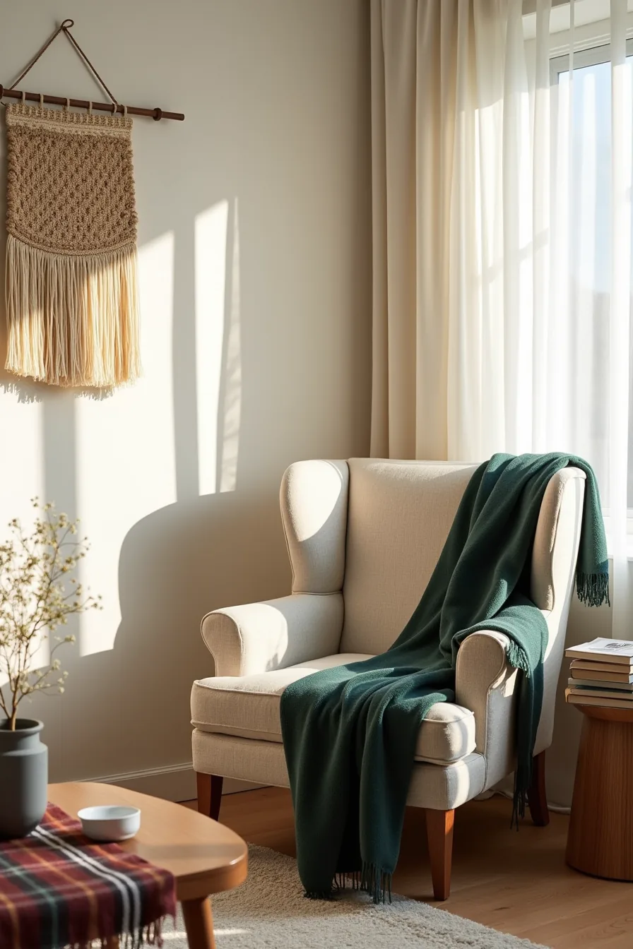 Living room corner with a wingback chair draped in forest-green plaid, a burgundy plaid table runner, and a cream and brown