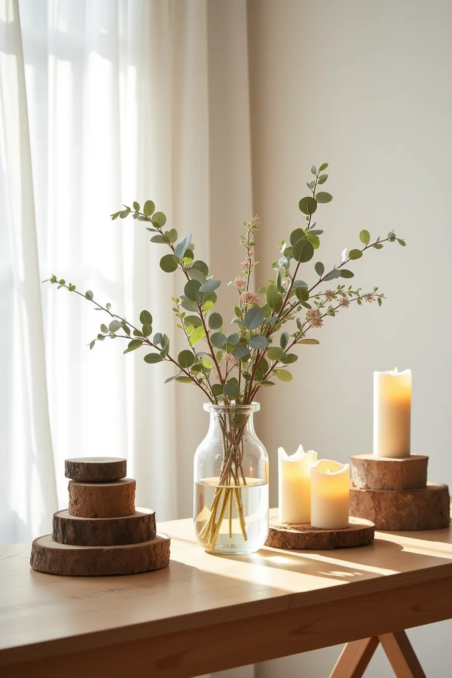 Three different centerpiece arrangements side by side featuring stacked logs, a glass vase with branches, and a wood slice
