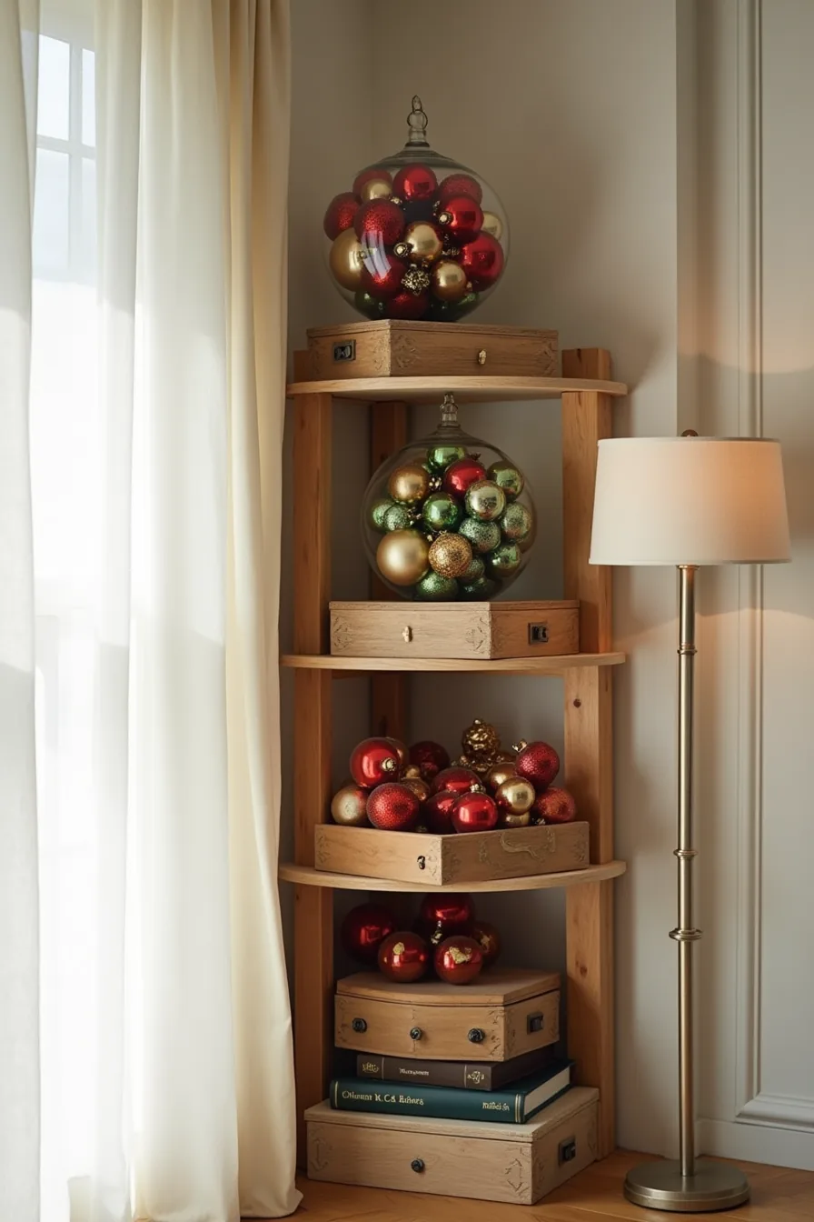 Wooden shelves displaying glass vessels and reclaimed wood boxes filled with vintage ornaments in red, gold, and forest