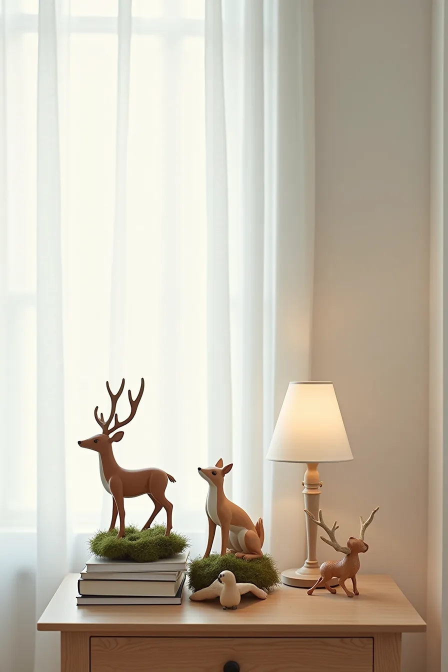 Ceramic deer, resin fox, wooden birds, faux antlers, and moss arranged at varying heights on a side table.